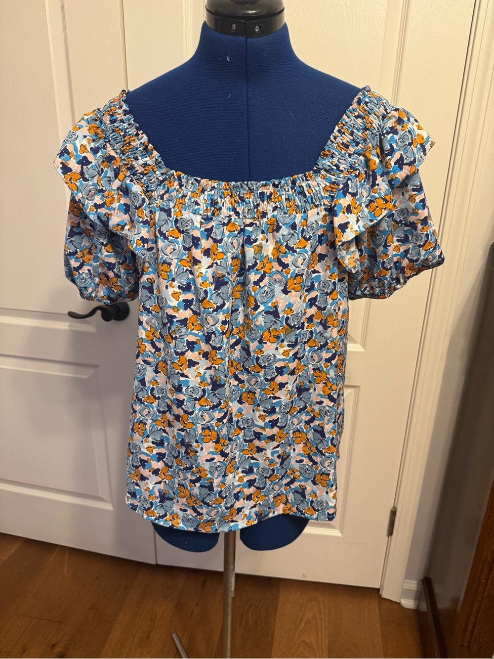 Jou Jou Blue Floral Off-Shoulder Blouse with Yellow Accents